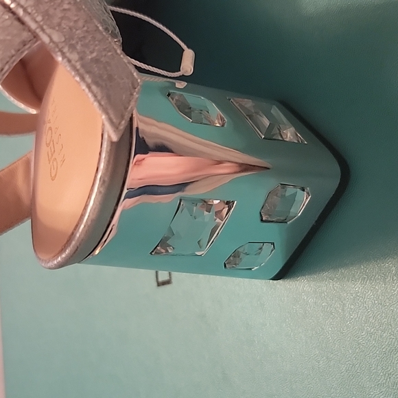 Geox Metallic Silver Rhinestone Jeweled Block Ankle Strap Heels NWT - Picture 8 of 16